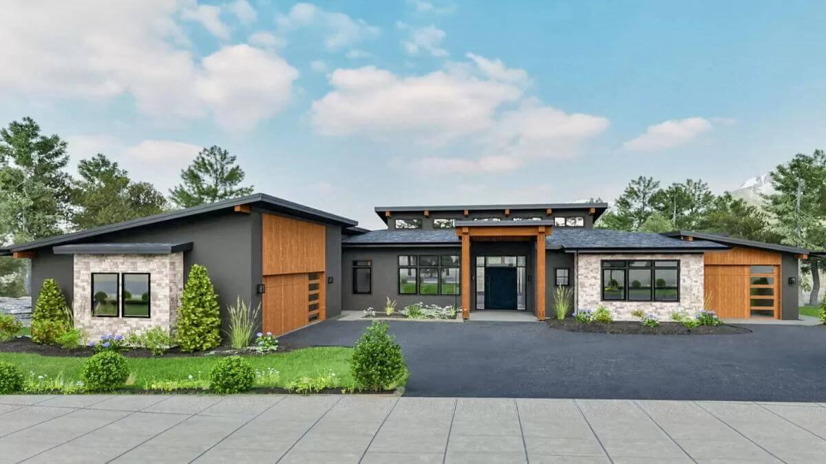 Modern Prairie-Style Home with Striking Stone and Wood Detailing