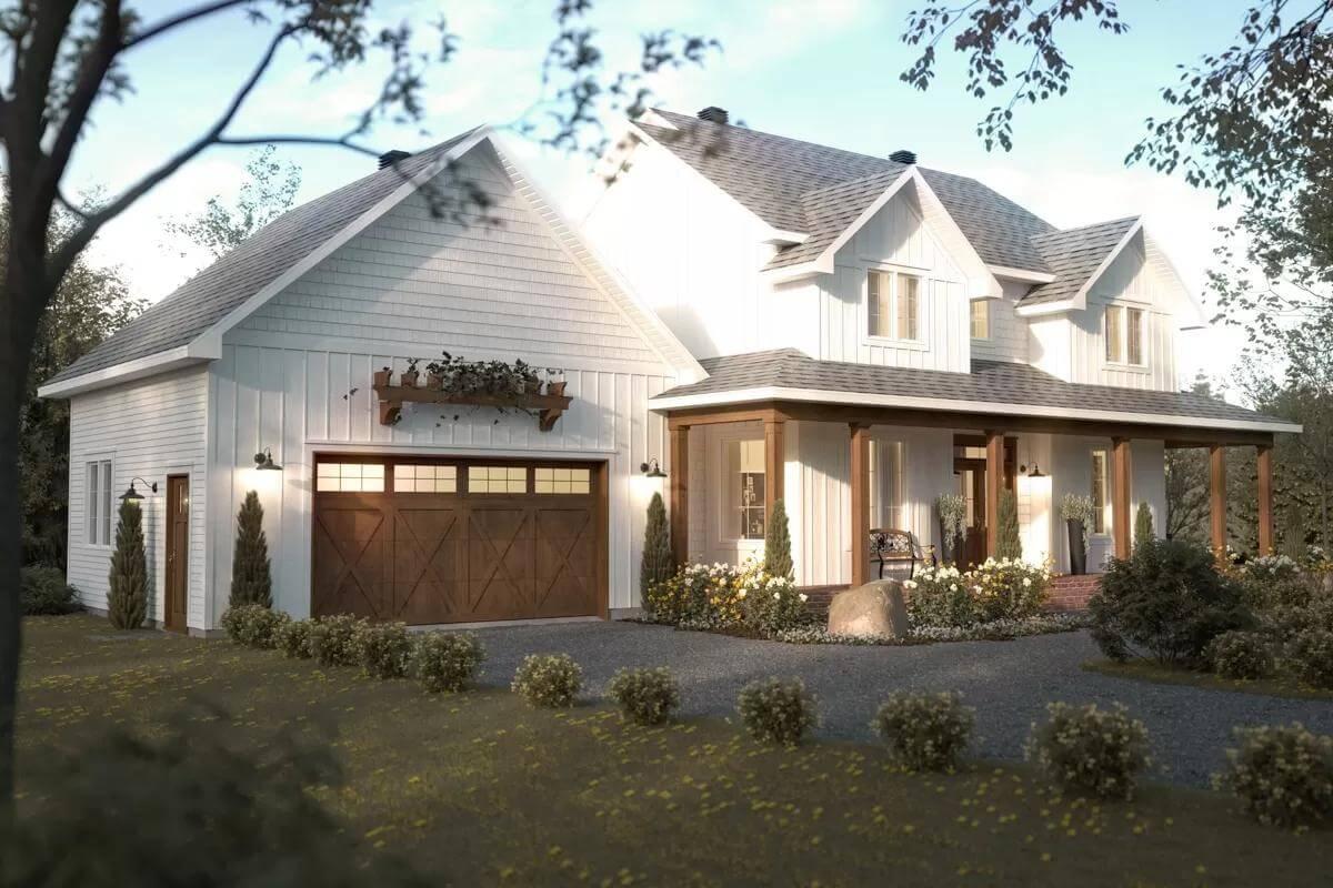 Farmhouse Style with a Classic Front Porch and Wooden Garage Doors