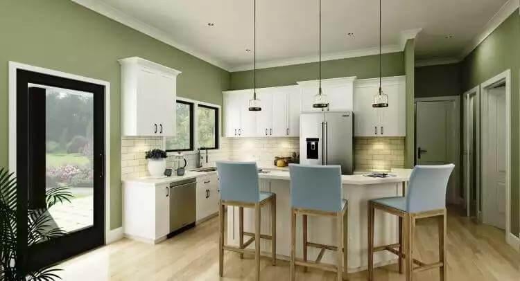Modern Farmhouse Kitchen with Soft Green Walls and Blue Accents