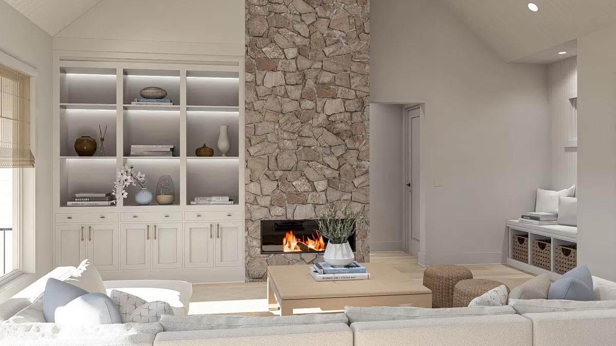 Stone Fireplace and Built-In Shelves: A Craftsman