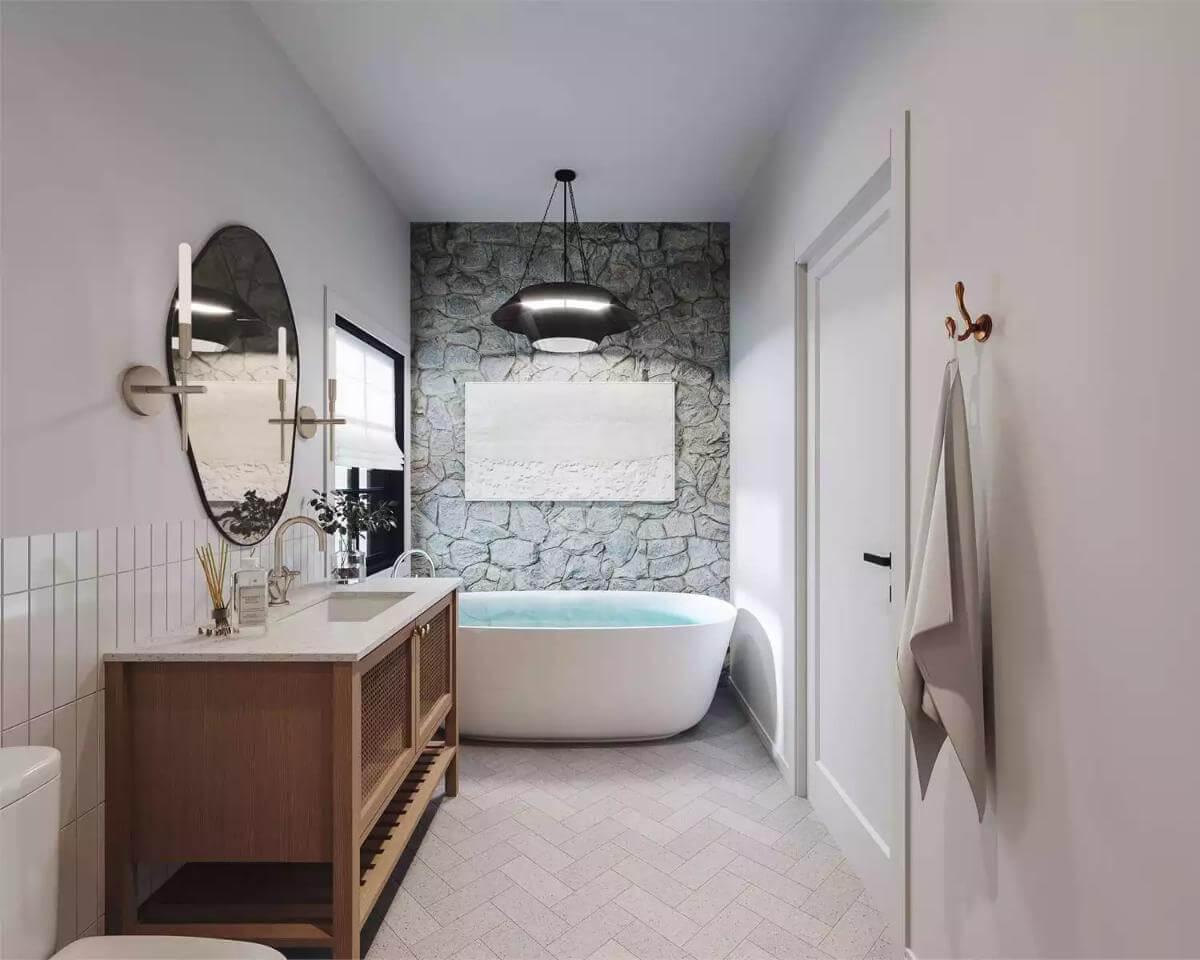 Notice the Stone Wall Backdrop in This Tranquil Bathroom Setting
