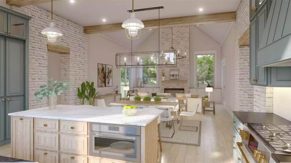 Check Out the White Brick and Wood Beam Combo in This Open Space