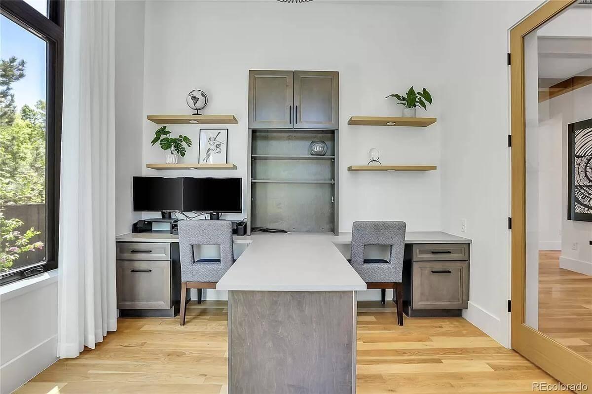 Discover the Elegant Workspace with Dual Desks and Floating Shelves