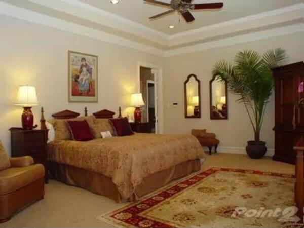 Spacious Bedroom with Tray Ceiling and Rich Textures