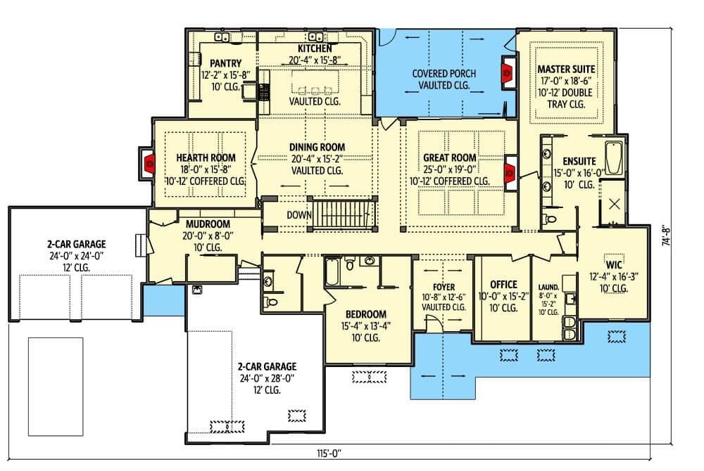 Main Floor Layout with Vaulted Ceilings and Dual Garages