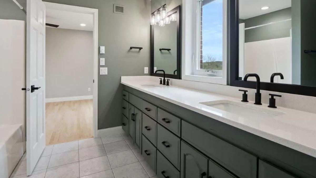 Dual Vanity Bathroom with Striking Matte Black Fixtures