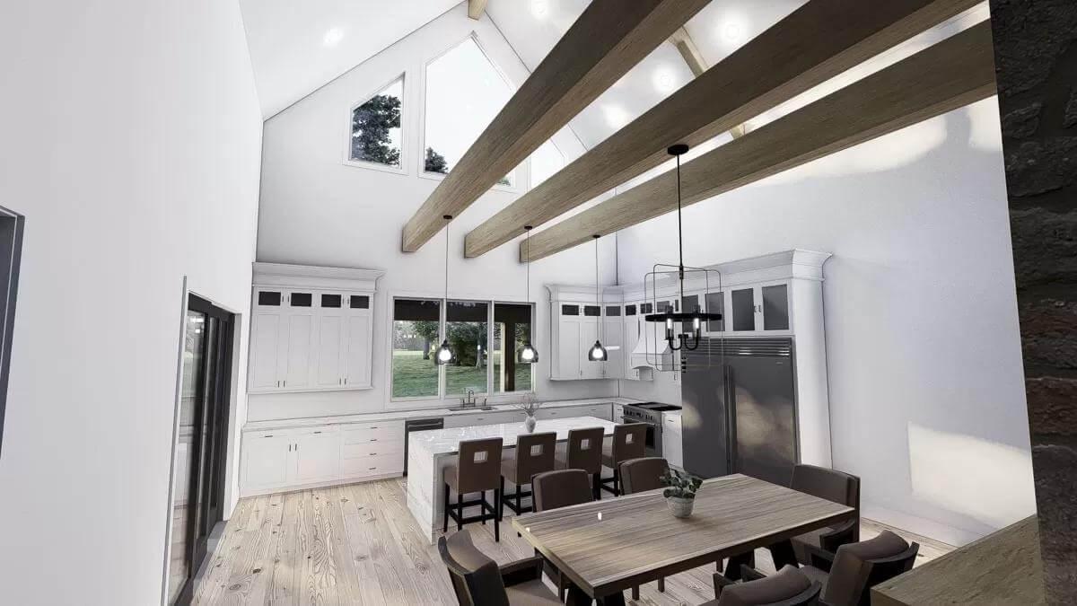 High Ceilings Paired with Timber Beams in This Kitchen-Dining Space