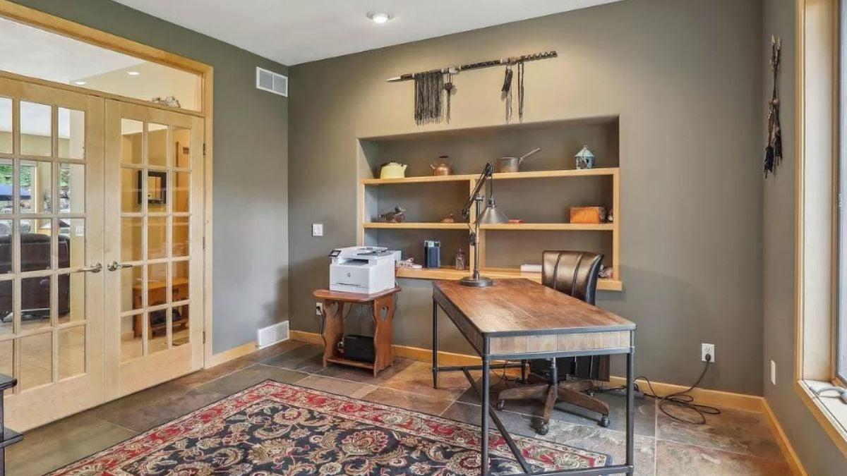 Rustic Home Office with a Pop of Colorful Rug