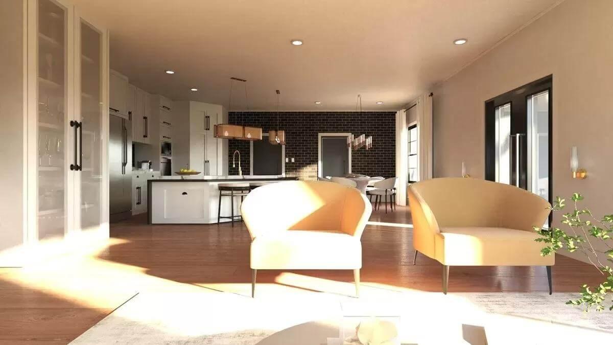Check Out the Open Flow from Living Area to Kitchen with Striking Black Tile Backsplash