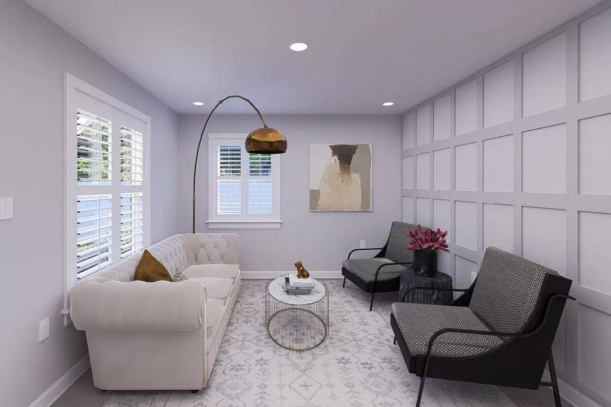 Cozy Living Room with Eye-Catching Wainscoting and Luxe Seating