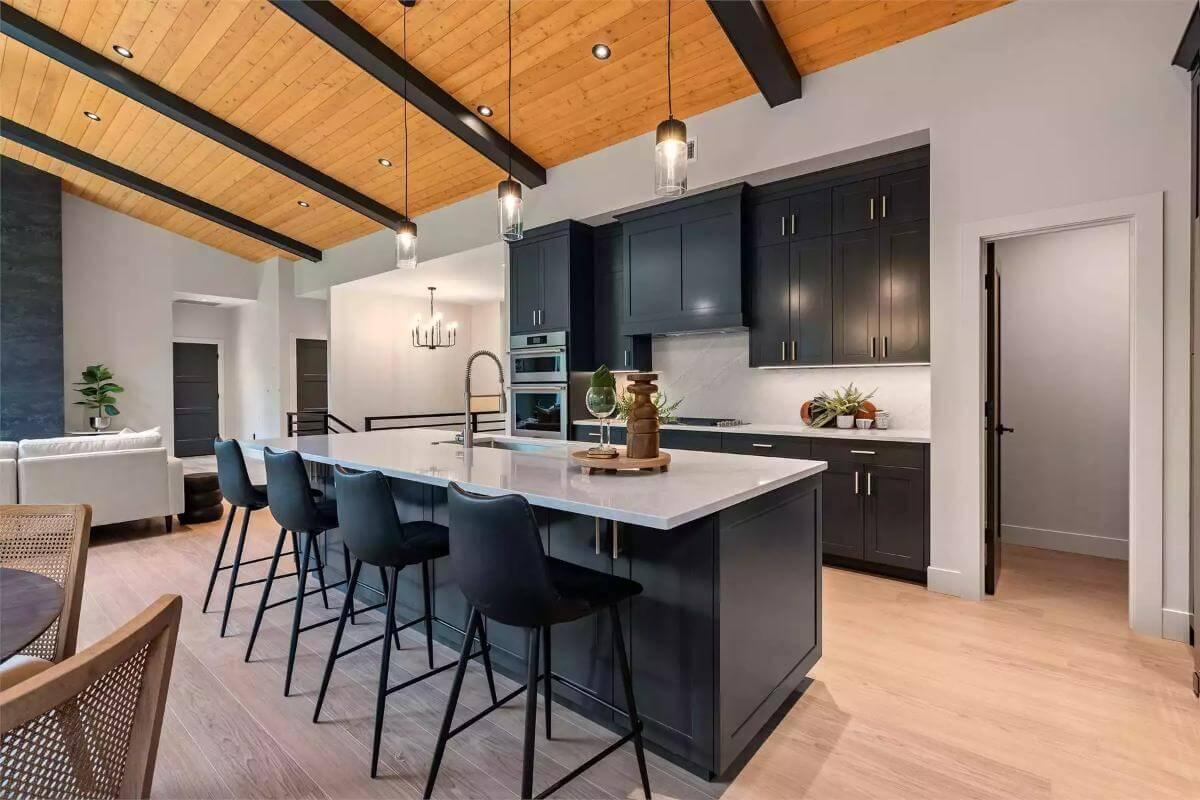 Wow, Look at the Bold Contrast of Black Cabinets and Light Wood Ceiling