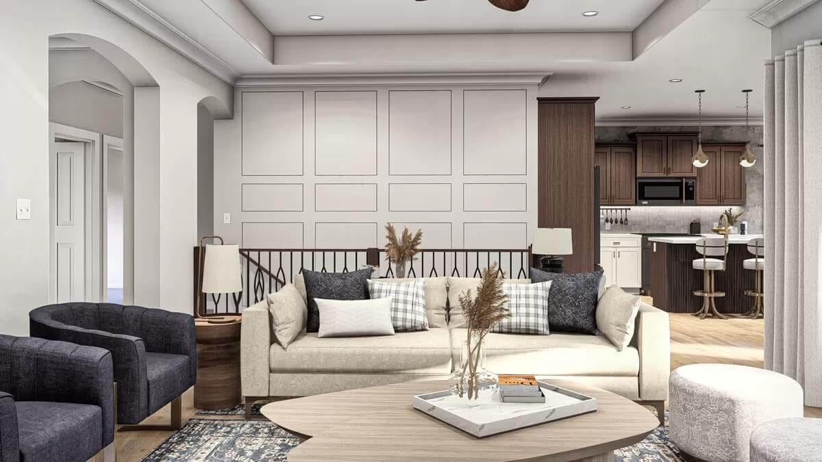 Open Living Room with Textured Accent Wall and Cozy Seating