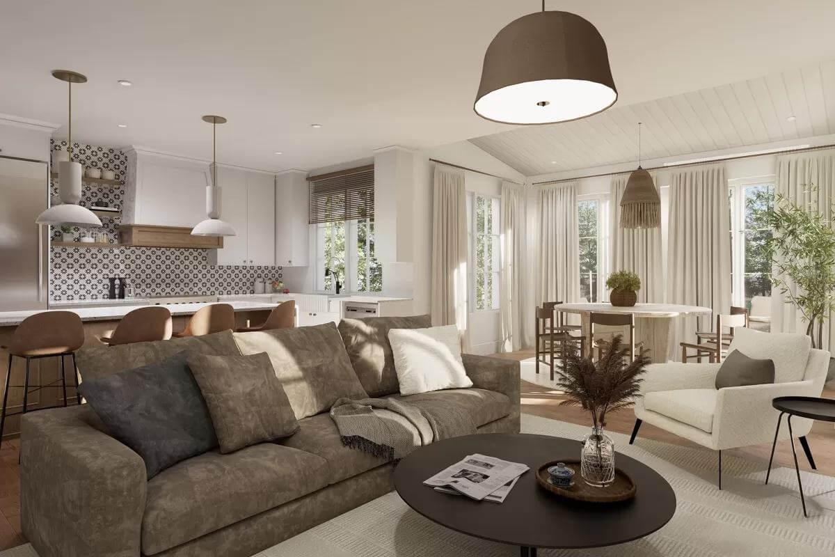 Inviting Open Living Area with Eye-Catching Tile Backsplash