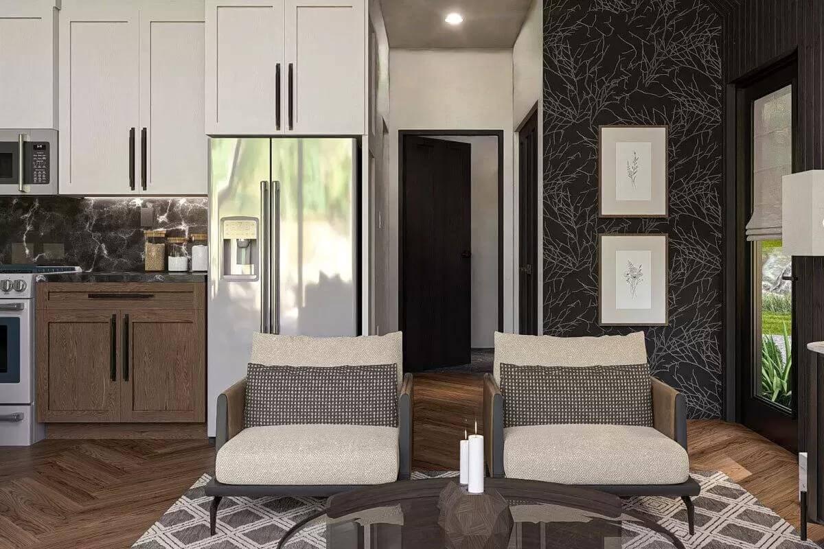 Check Out the Chic Wallpaper and Dual-Tone Cabinets in This Cozy Corner