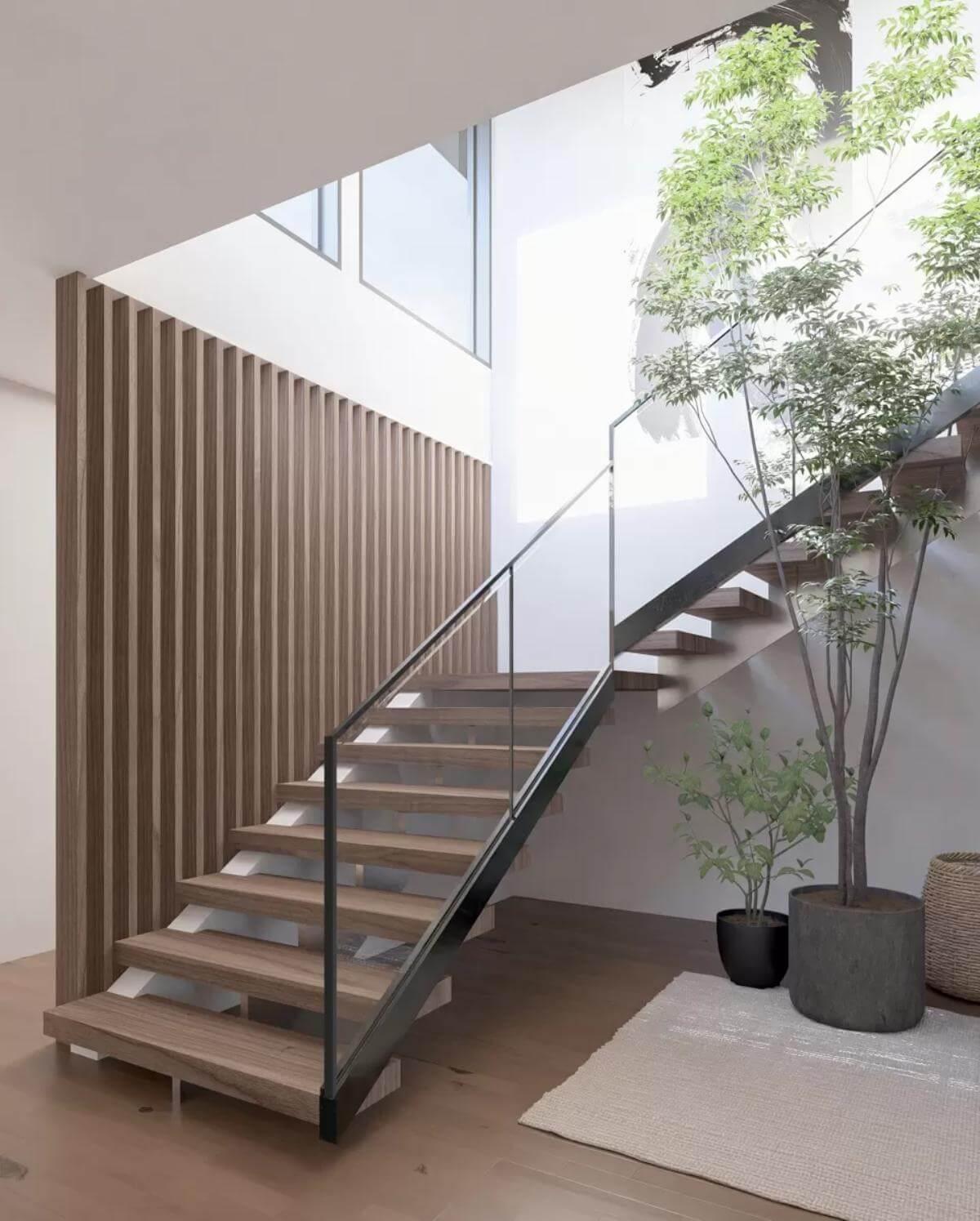 Notice the Sleek Wood Paneling Alongside This Floating Staircase Design