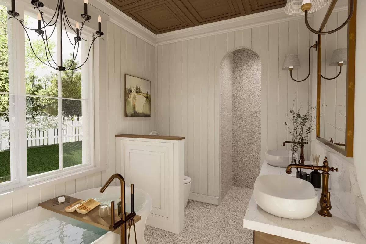 Classic Bathroom with Freestanding Tub and Archway Shower