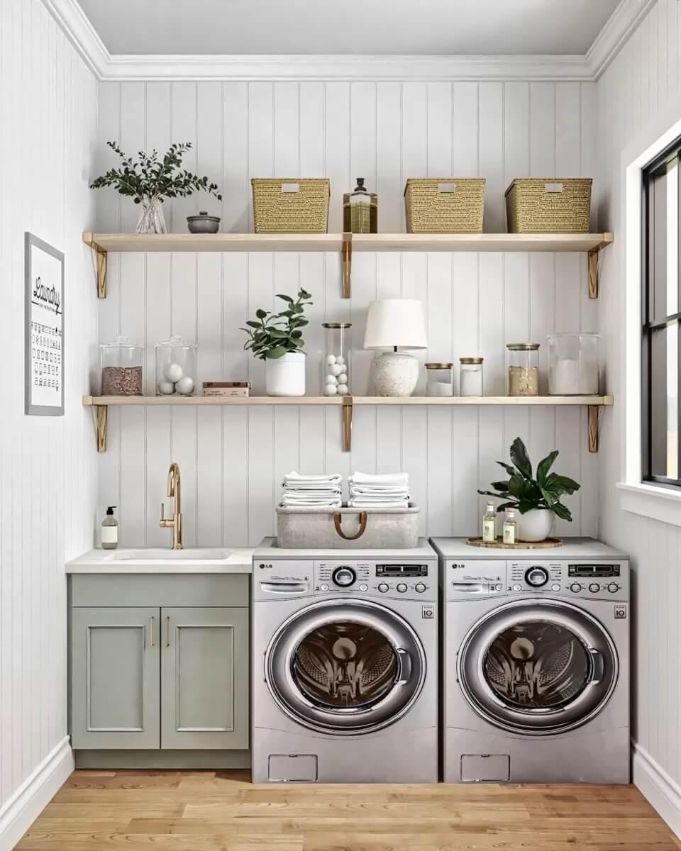 Laundry Room with Open Shelving and Brass FixturesโEfficient and Stylish