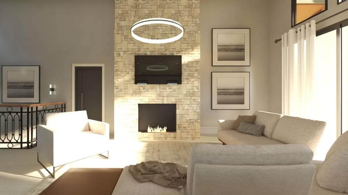 Living Room with a Striking Stone Fireplace and Contemporary Art Display