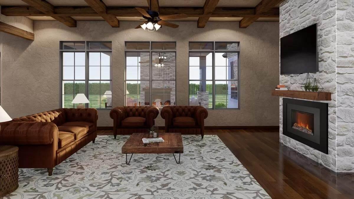 Warm Living Room with Exposed Beams and Chesterfield Sofas