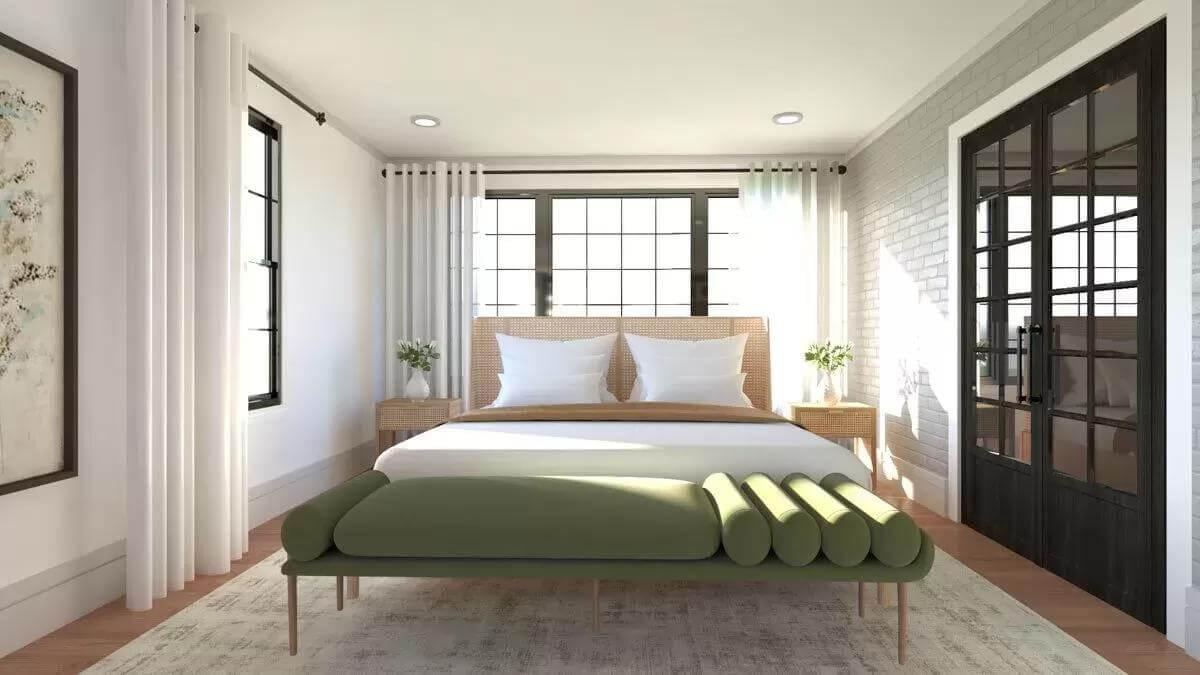 Elegant Bedroom with Black French Doors and Soft Green Accents