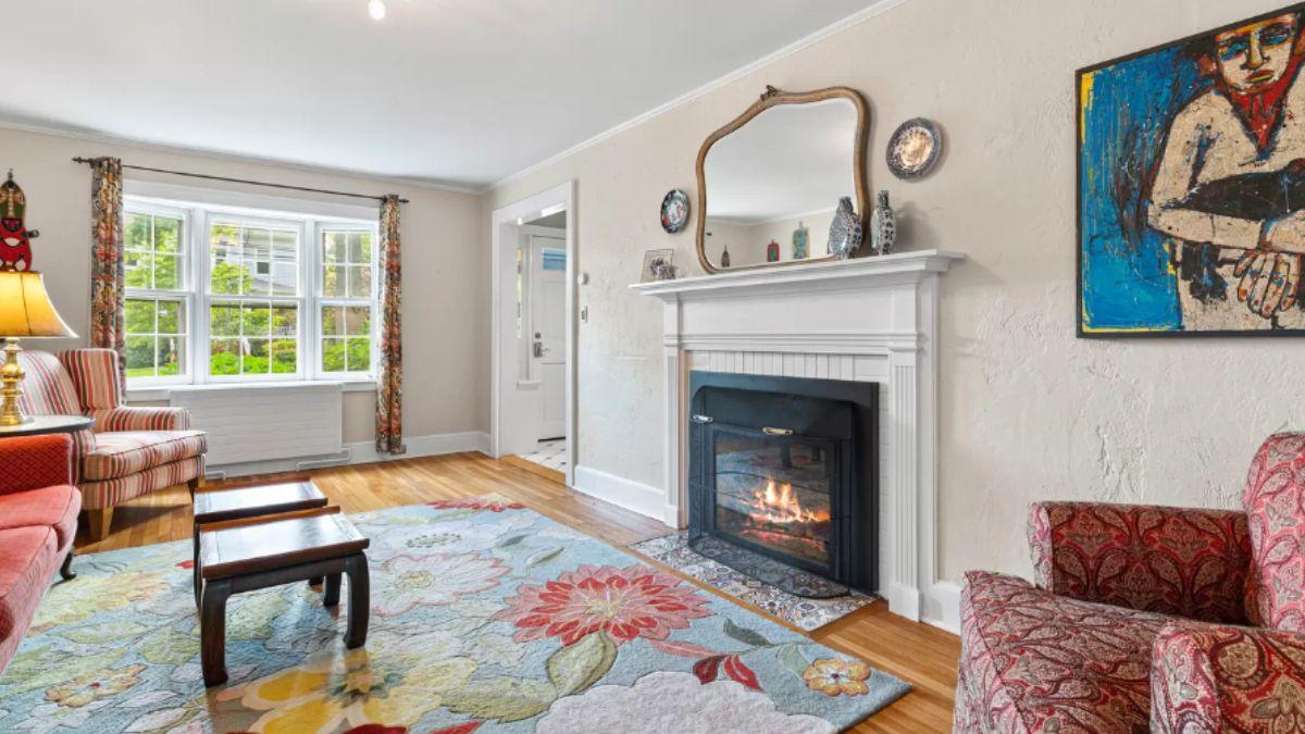 Traditional Living Room with a Fireplace and Colorful Accents