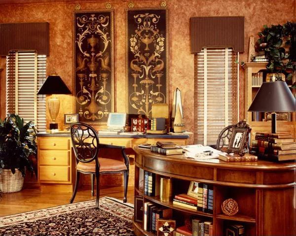 Rich Wooden Office with Intricate Wall Decor