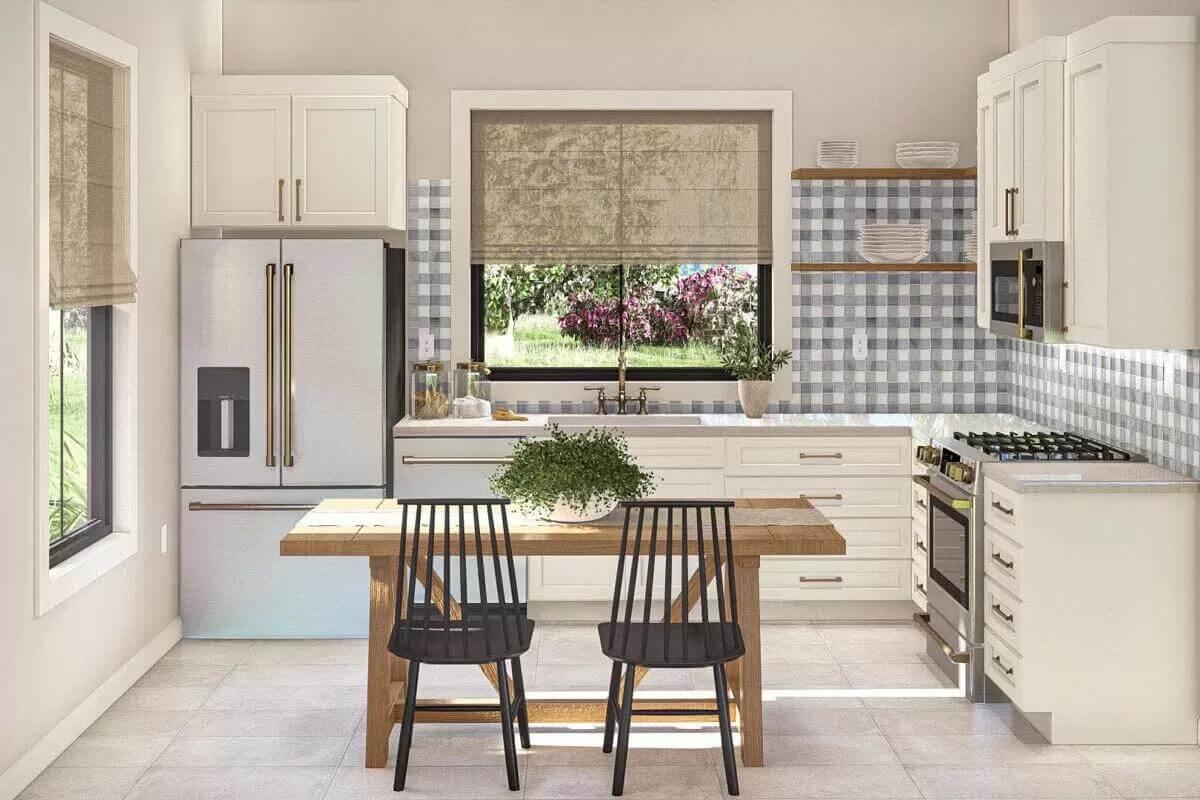 Gingham Backsplash Stars in This Compact Eat-In Kitchen
