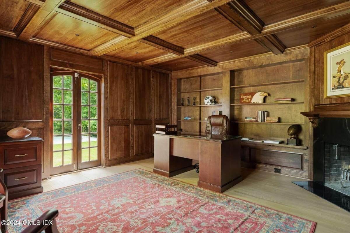 Step Into This Home Office with a Gorgeous Wooden Coffered Ceiling