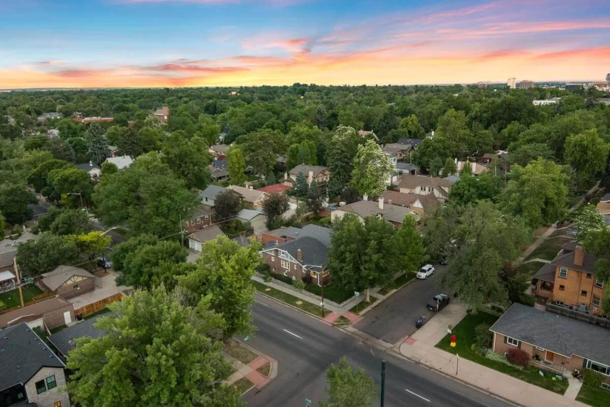 Aerial View of a Charming Craftsman Neighborhood at Sunset
