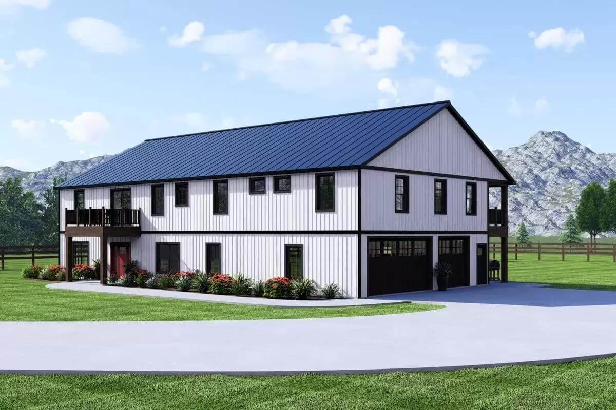Check Out the Modern Contrast with Black Trim on This Traditional Barn-Style Home