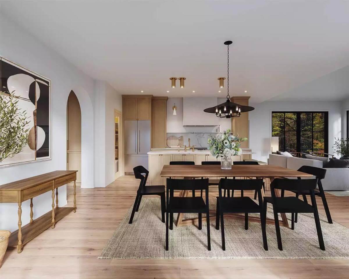 Appreciate the Dramatic Black Chandelier in This Open Dining-Kitchen Area