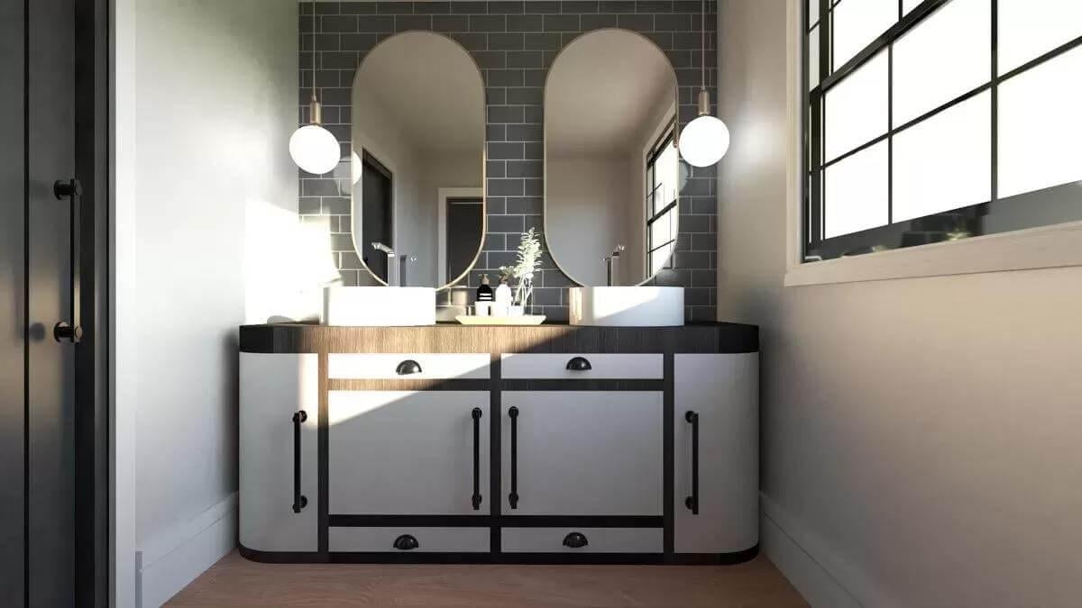 Notice the Elegant Arched Mirrors in This Chic Bathroom