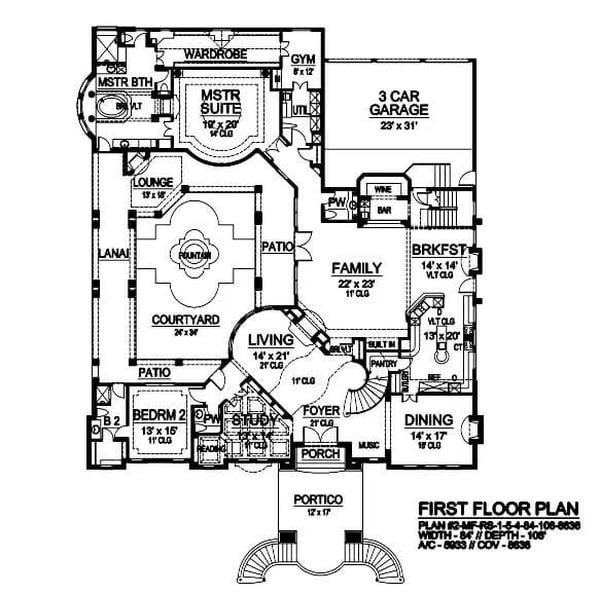 Explore the Intricate Layout Featuring a Central Courtyard and Fountain