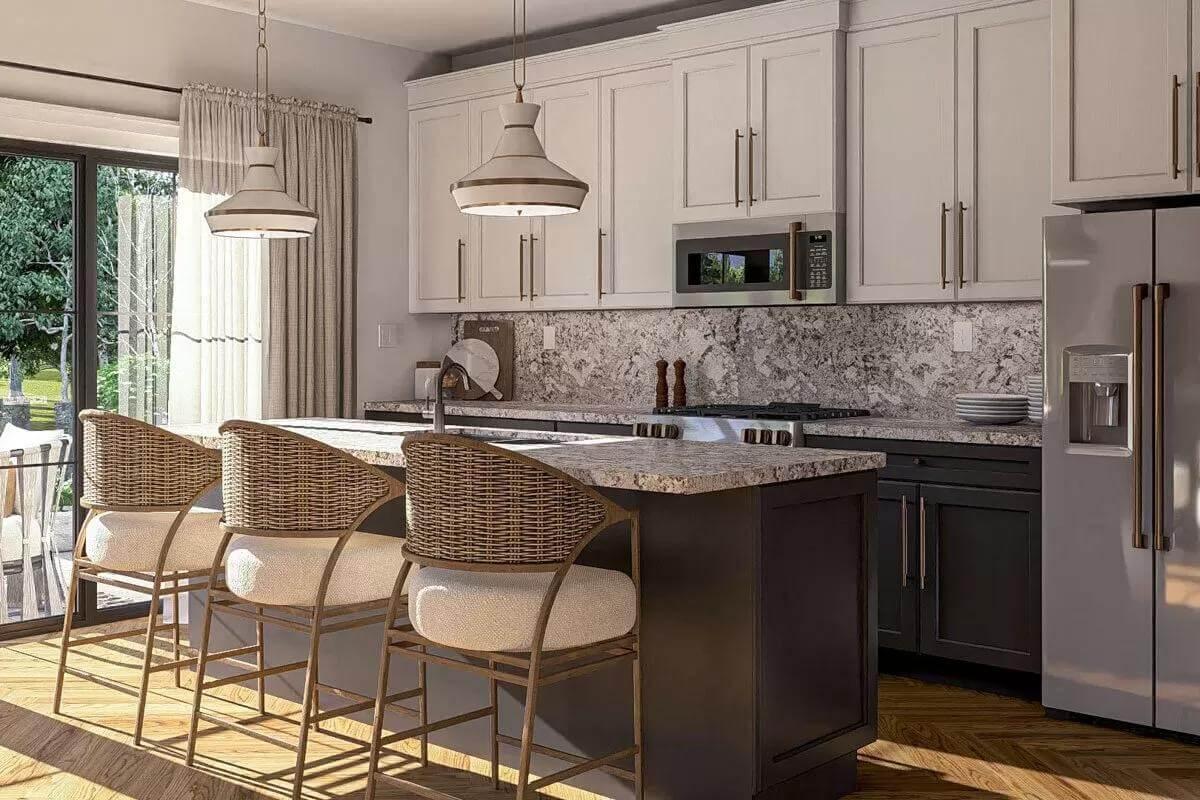 Kitchen with Bold Two-Tone Cabinets and Quartz Detail