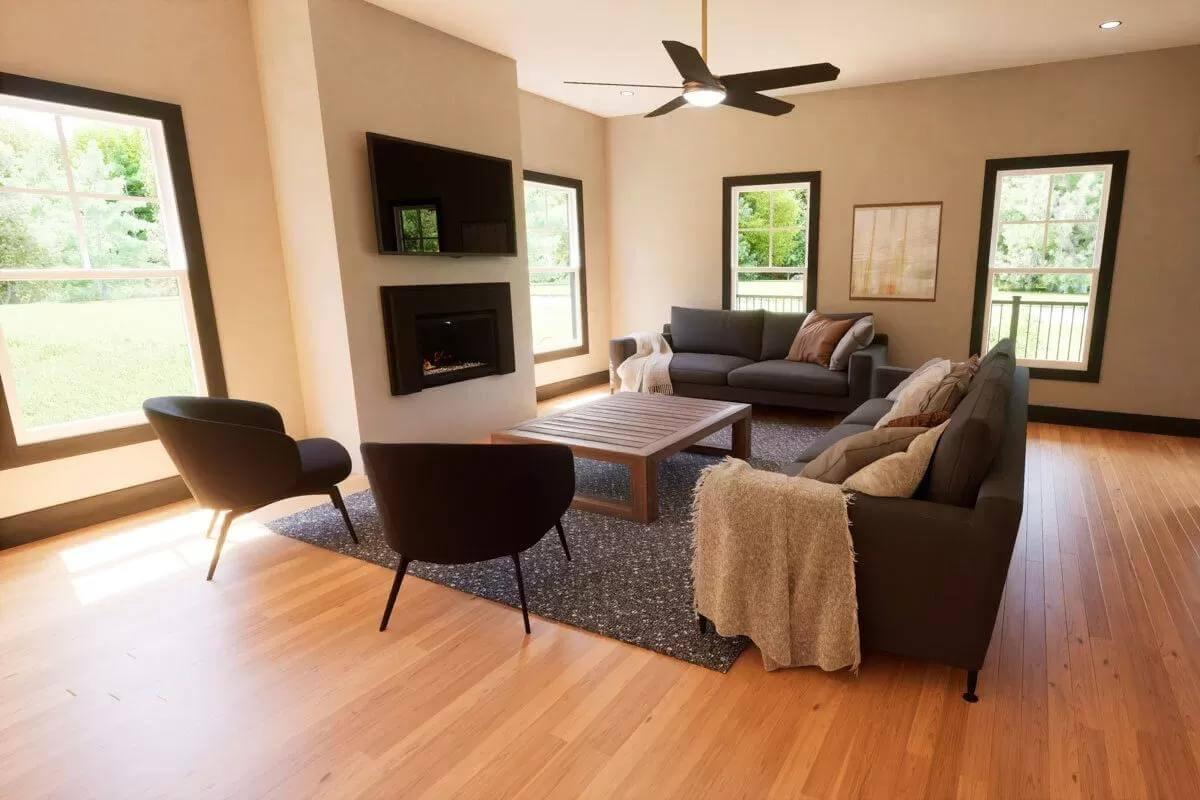 Sunlit Living Room Featuring a Modern Fireplace