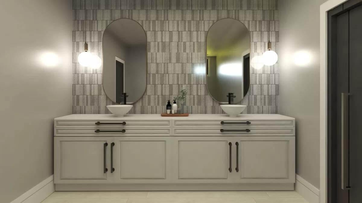 Wow, Check Out Those Oval Mirrors and Textured Tile Wall in This Bathroom