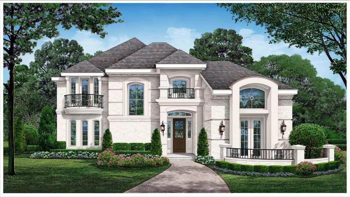 Elegant Manor with French Balconies and Lush Landscaping
