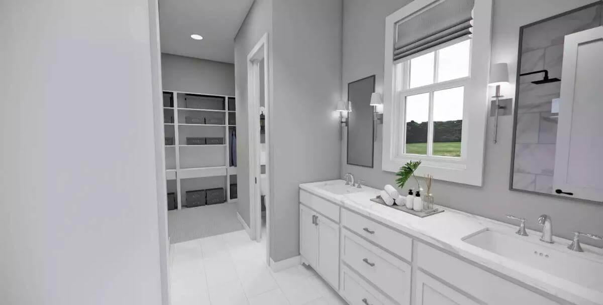 Wow, Check Out the Sleek Vanity and Walk-In Closet Combo in This Bathroom