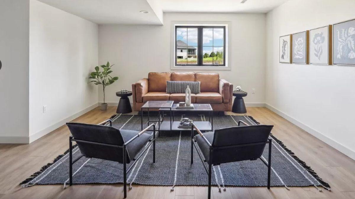 Minimalist Living Room Highlighting a Sleek Black and Tan Contrast