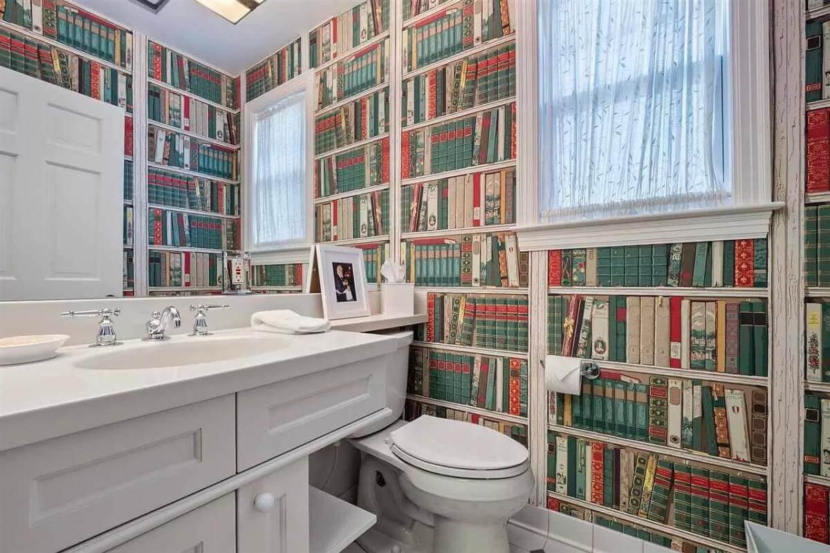Playful Powder Room with Bookshelf Wallpaper You Can
