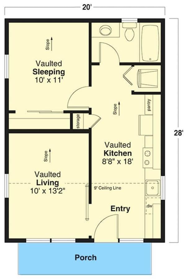 Efficient Use of Space in This Compact Layout with Vaulted Ceilings