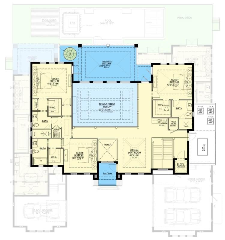 Upper Floor Plan with Spacious Balcony and Guest Suites