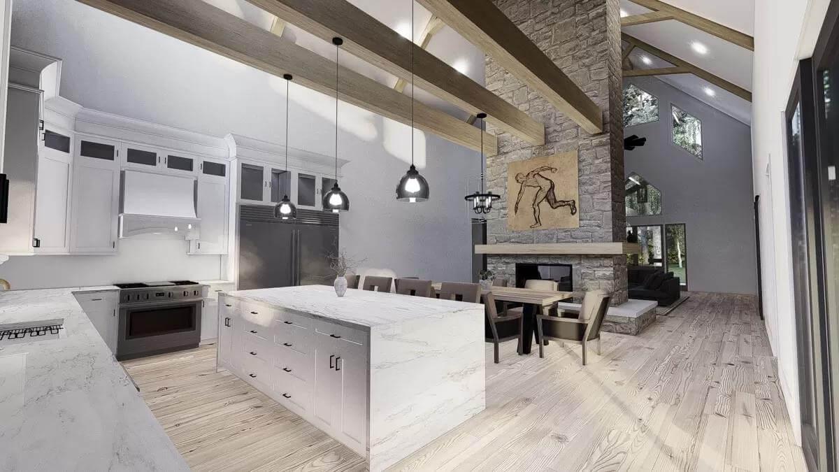 Wow, Check Out That Stone Fireplace Dividing the Open Living Area