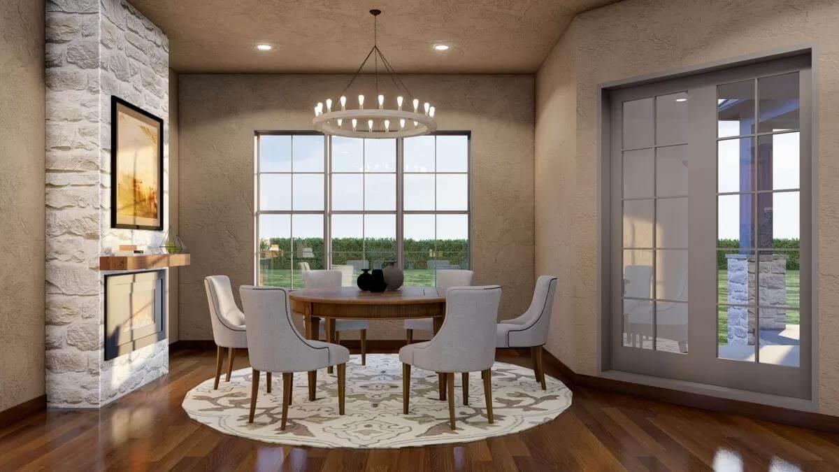 Notice the Hexagonal Dining Space with Its Stone Fireplace
