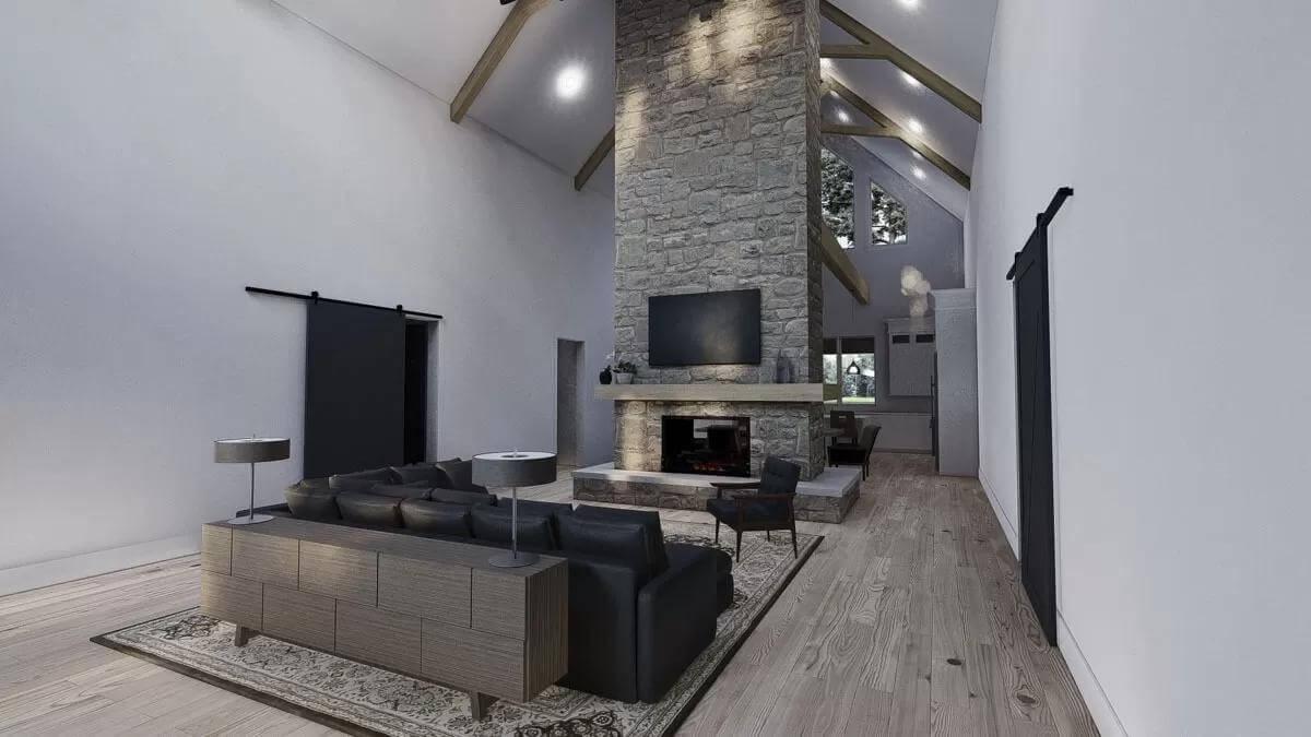 Stunning Double-Sided Stone Fireplace Anchors the Living Space