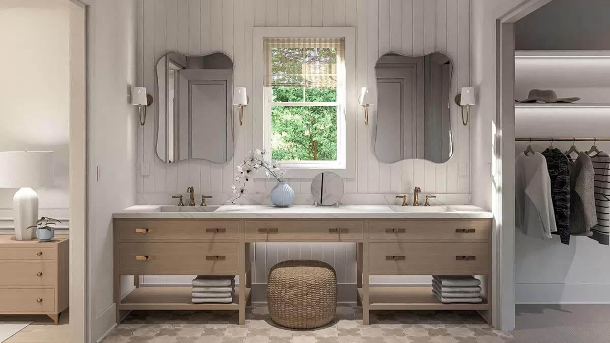 Thoughtful Craftsman Bathroom with Twin Mirrors and Open Vanity