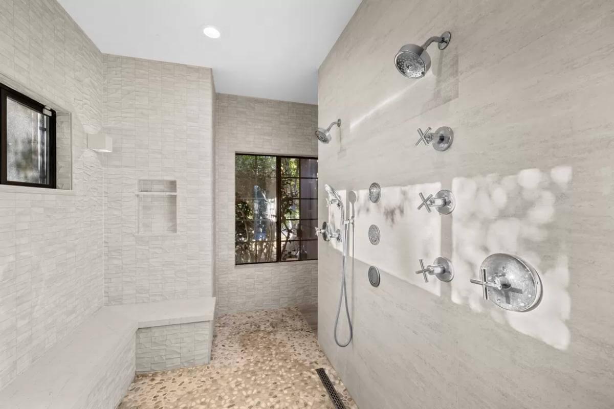Notice the Luxurious Multiple Showerheads in This Spa-Like Bathroom