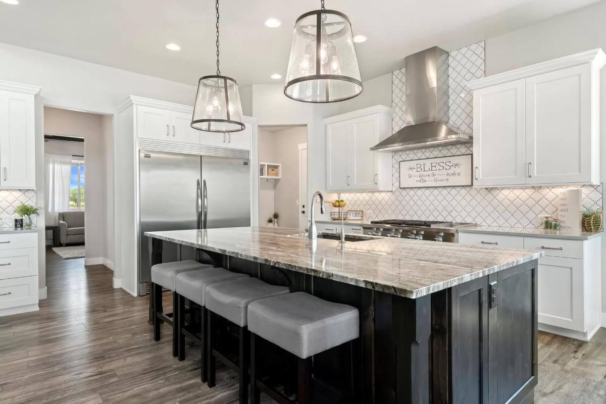 Notice the Bold Island with Plush Seating in This Craftsman Kitchen