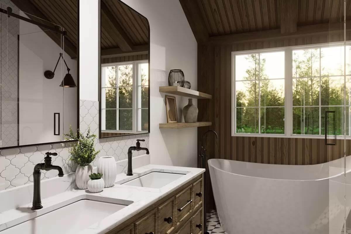 Rustic Bathroom Retreat with Freestanding Tub and Dual Sinks