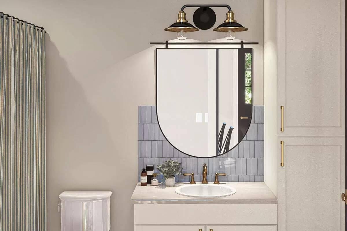 Notice the Unique Arched Mirror in This Clean Bathroom Design